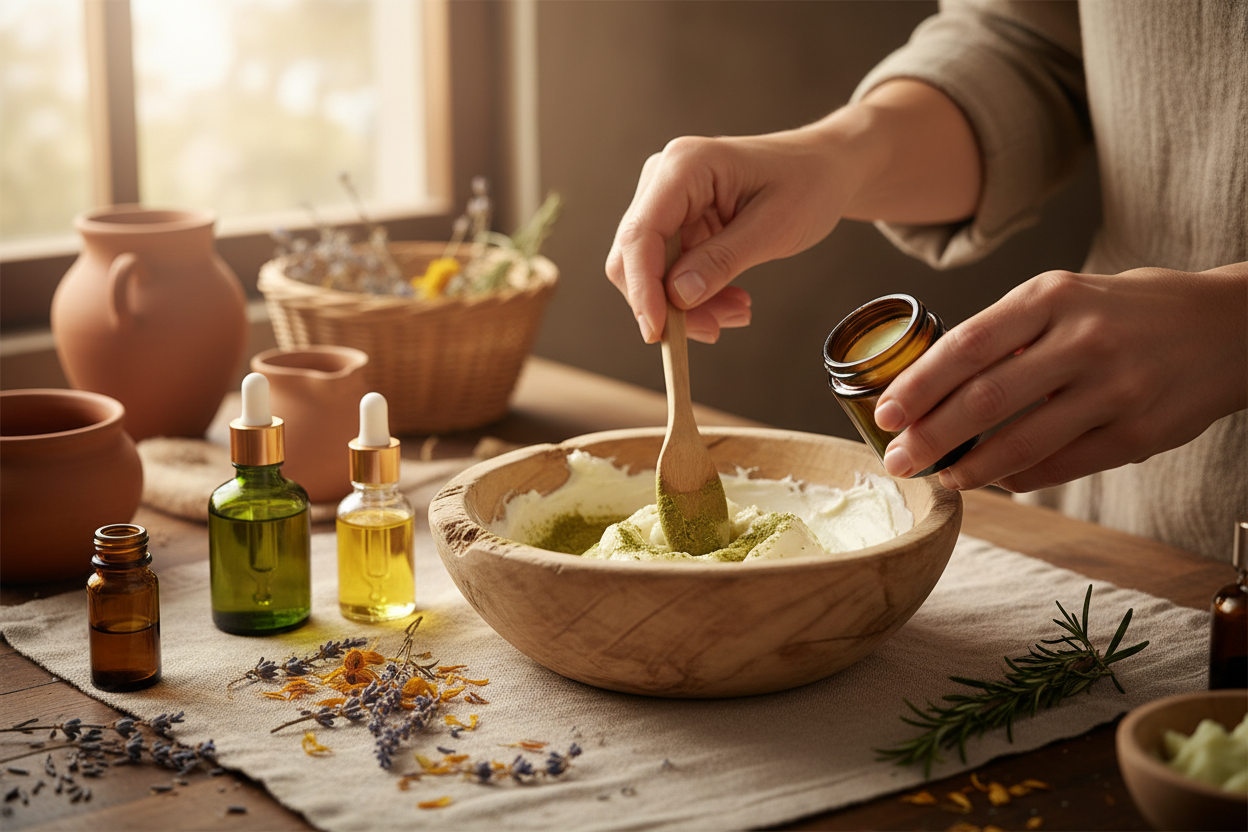 “Close-up artisanal scene showing hands crafting natural cosmetic products — manos humanas mezclando ingredientes vegetales frescos (mantecas, aceites, hierbas), utensilios simples de madera, frascos de vidrio ámbar, texturas naturales. Estética cálida y auténtica, tonos tierra, ambiente de taller artesanal. Enfoque en el gesto manual, detalles de piel, ingredientes reales. Luz suave y natural, estilo fotográfico editorial eco-friendly, ultra realista, 4k, 1:1 o 4:5 for website section.”