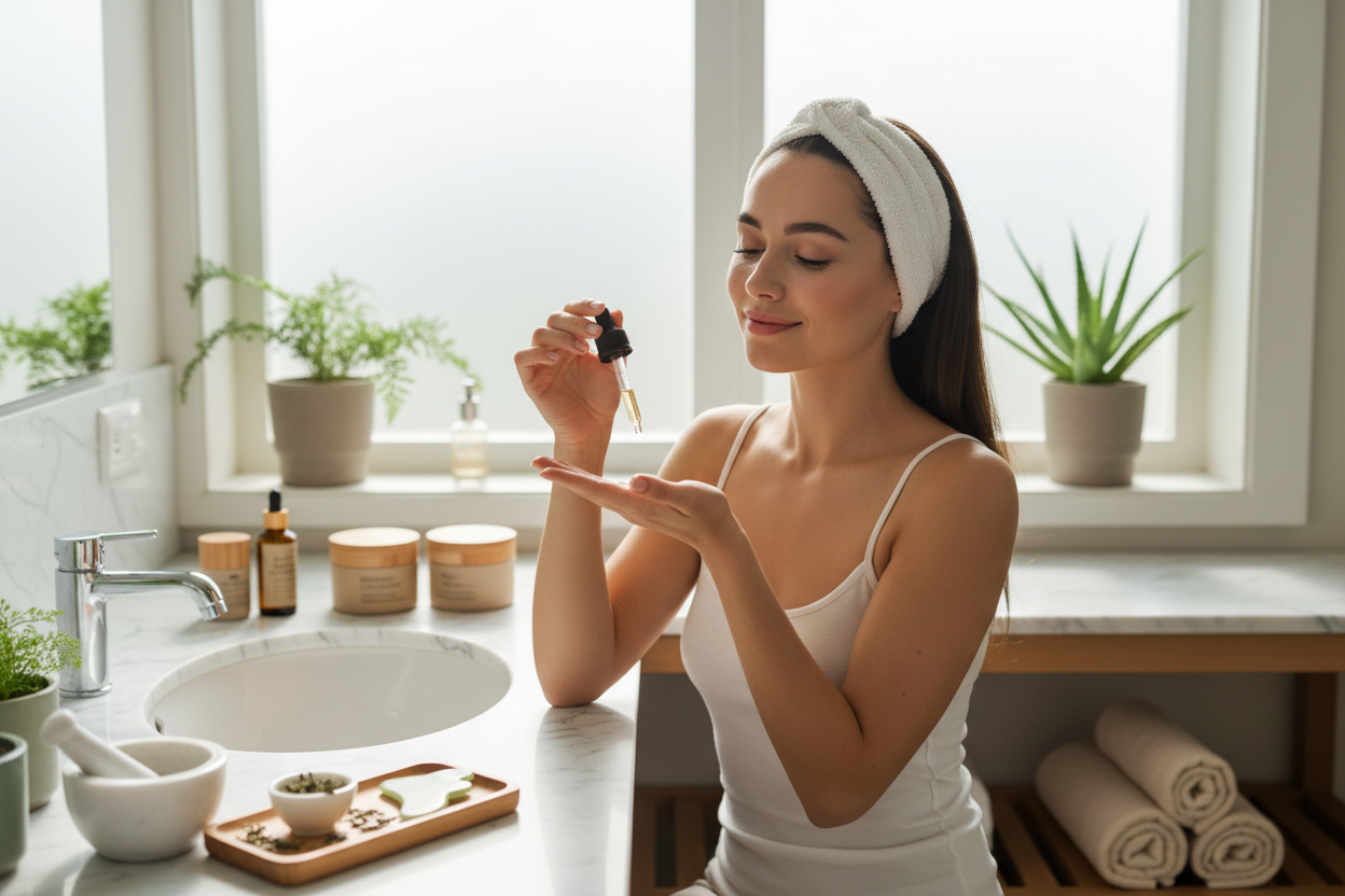 modelo haciendo rutina de cuidado facial natural